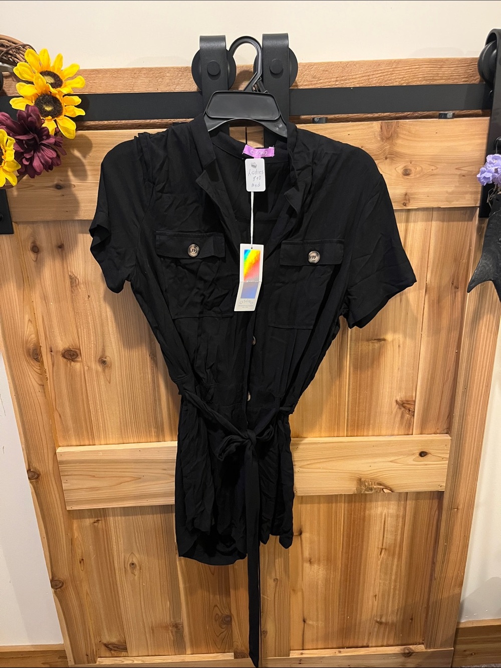 Ci Sono Black Button-Front Short Sleeve Romper with Waist Tie